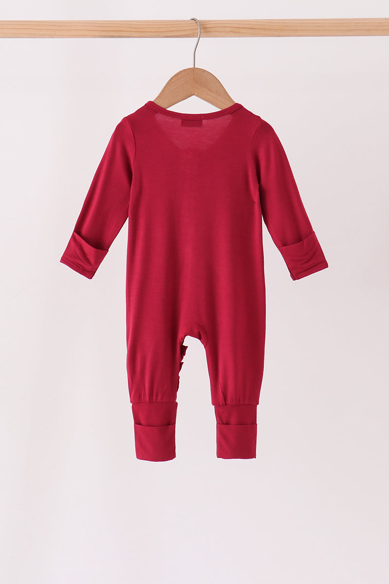 Burgundy ruffle zipper bamboo romper – view 5