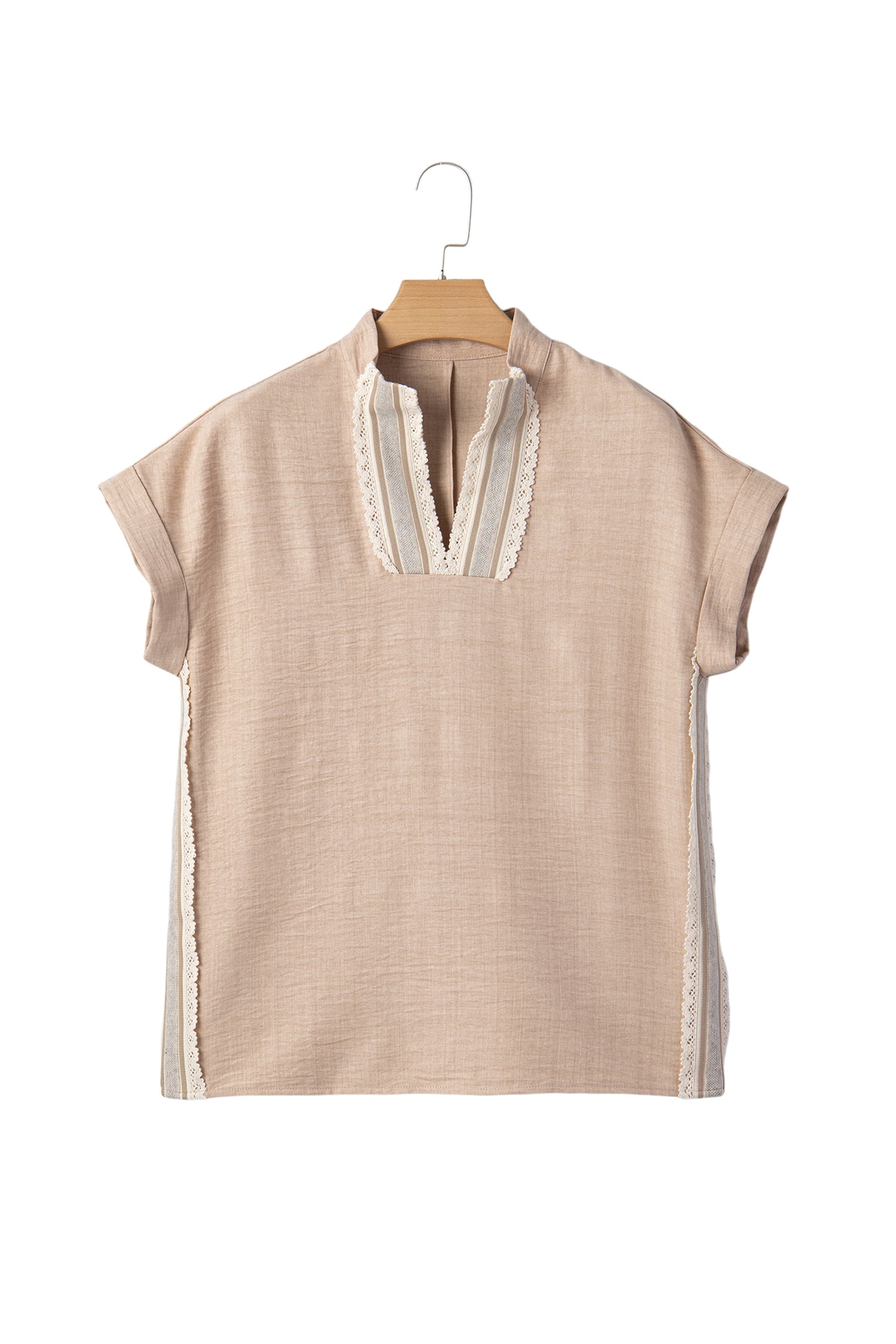Parchment Crochet Lace Accent Pullover Rolled Short Sleeve Blouse