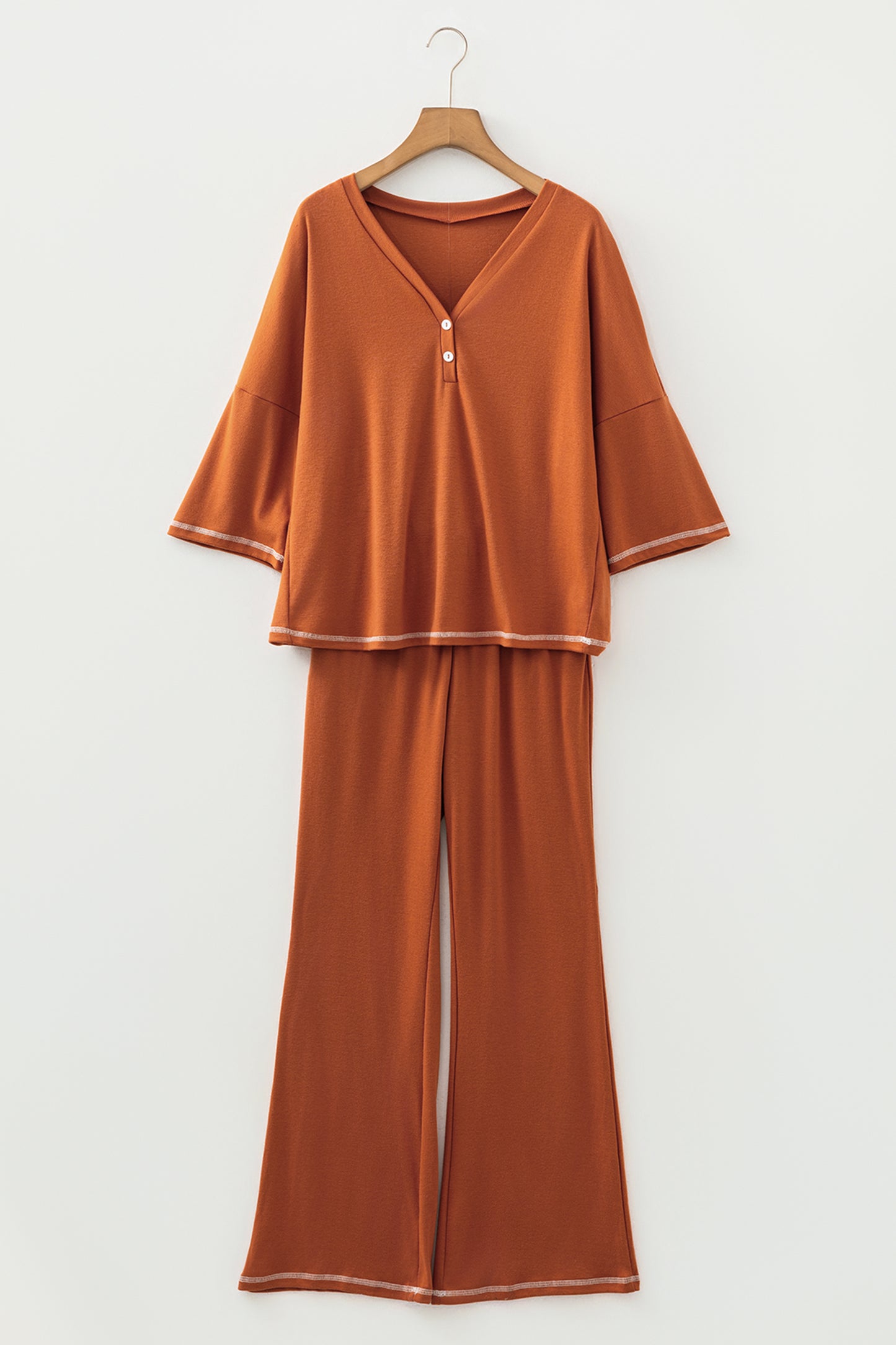 Orange Contrast Stitching Buttoned V Neck Half Sleeve Top and Drawstring Flare Pants Set