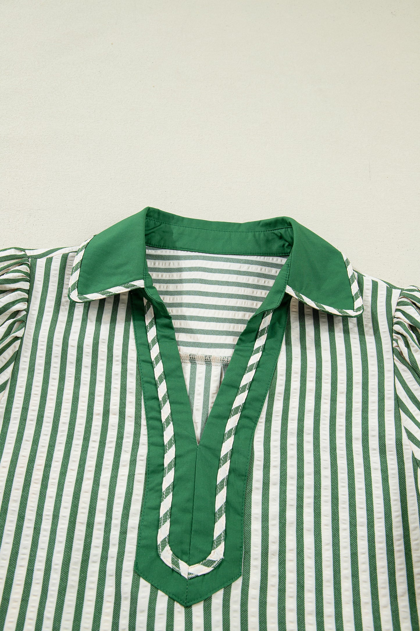 Green Stripe Collared Split Neck Short Bubble Sleeve Blouse