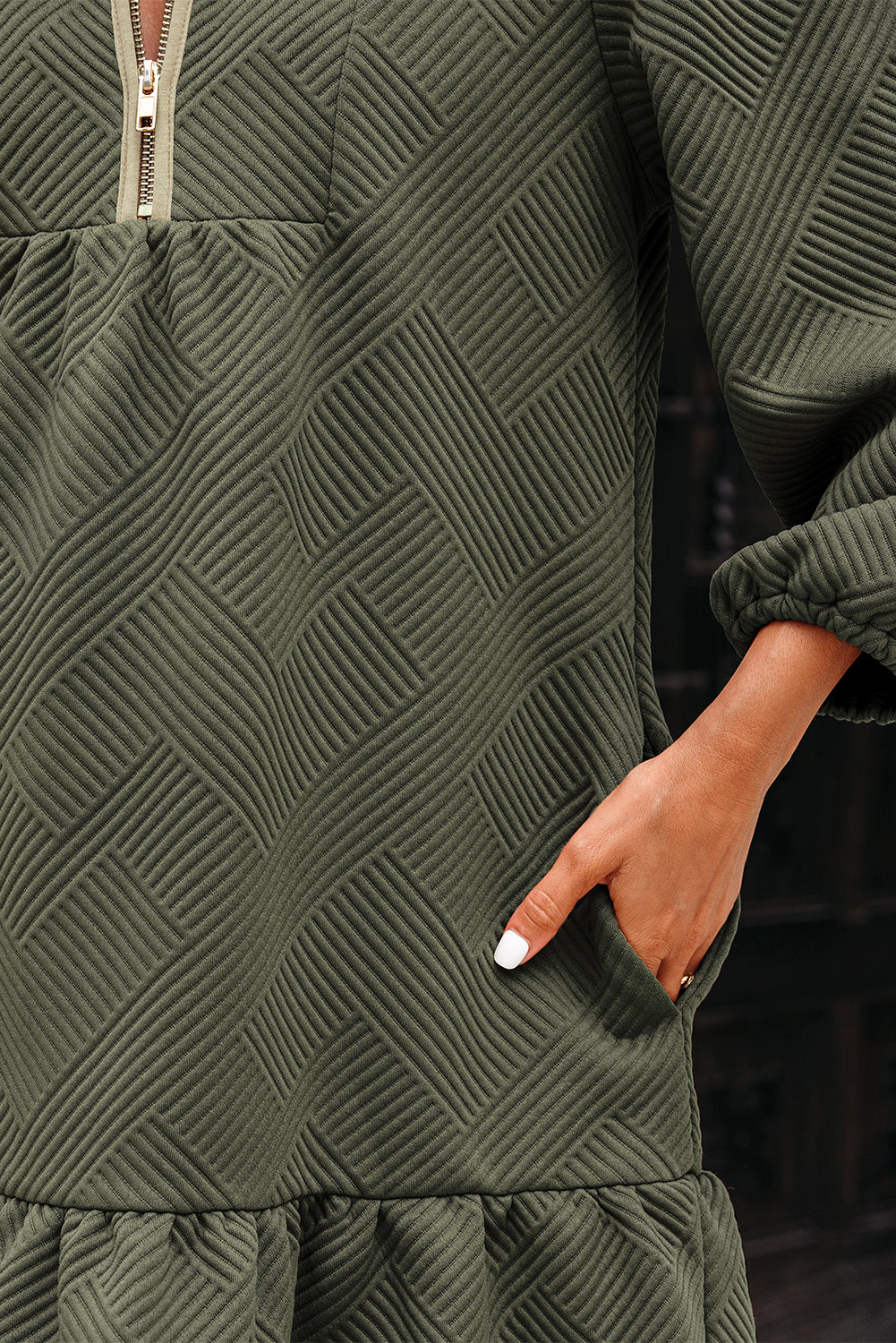 Jungle Green Quarter Zip Collar Bracelet Sleeve Textured Mini Dress