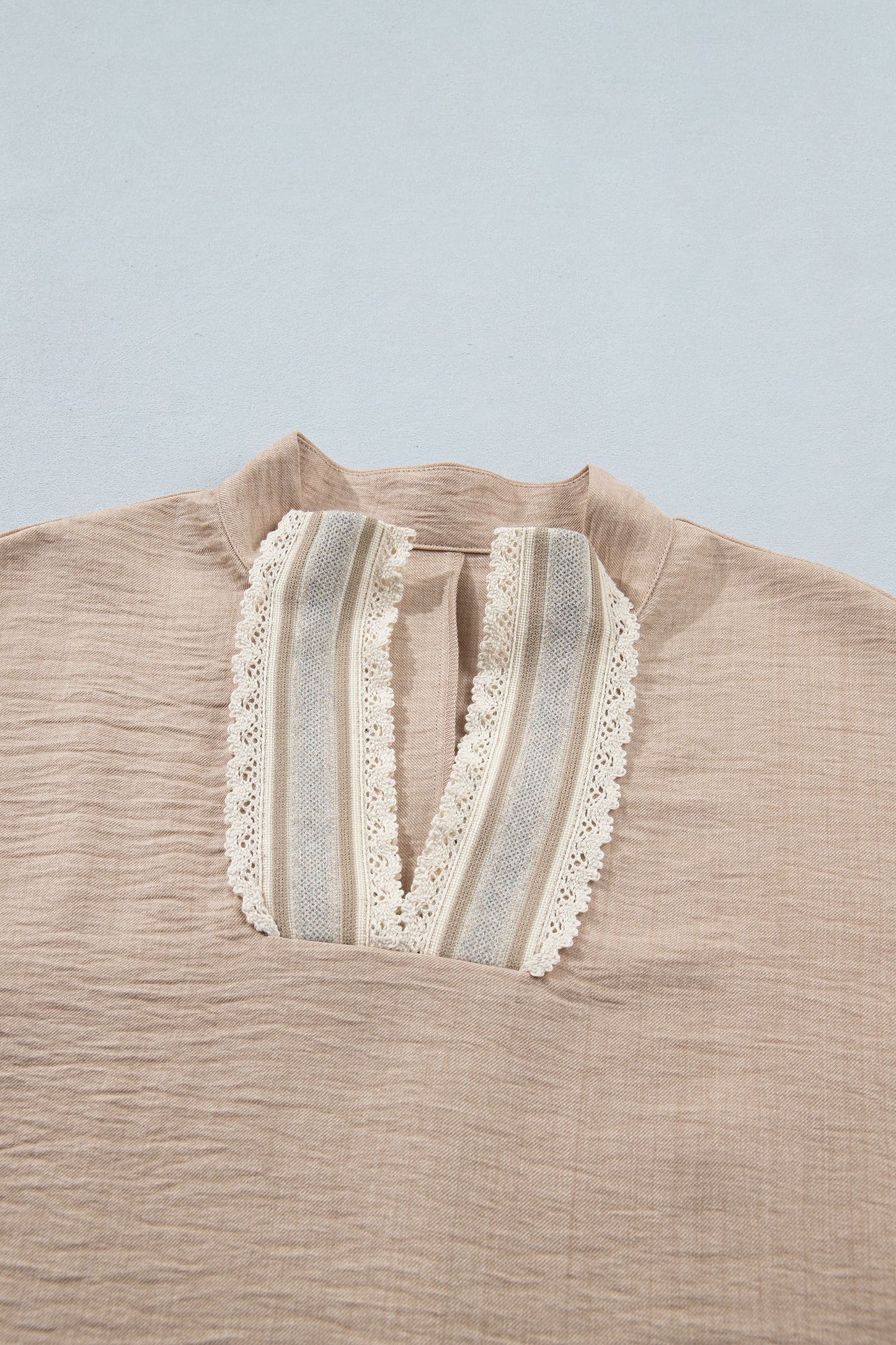 Parchment Crochet Lace Accent Pullover Rolled Short Sleeve Blouse