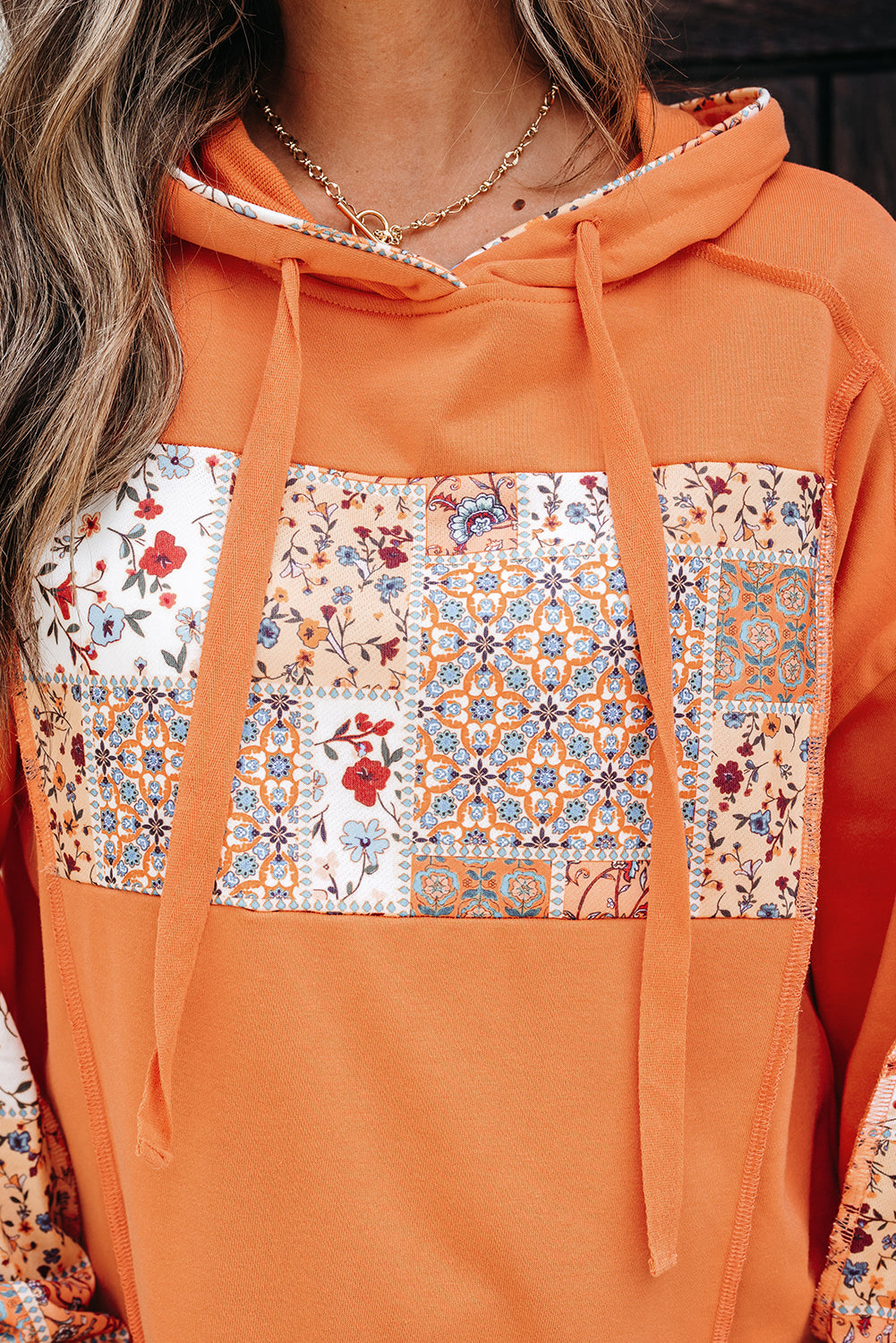 Flamingo Mix Floral Patchwork Side Slit Drawstring Hoodie