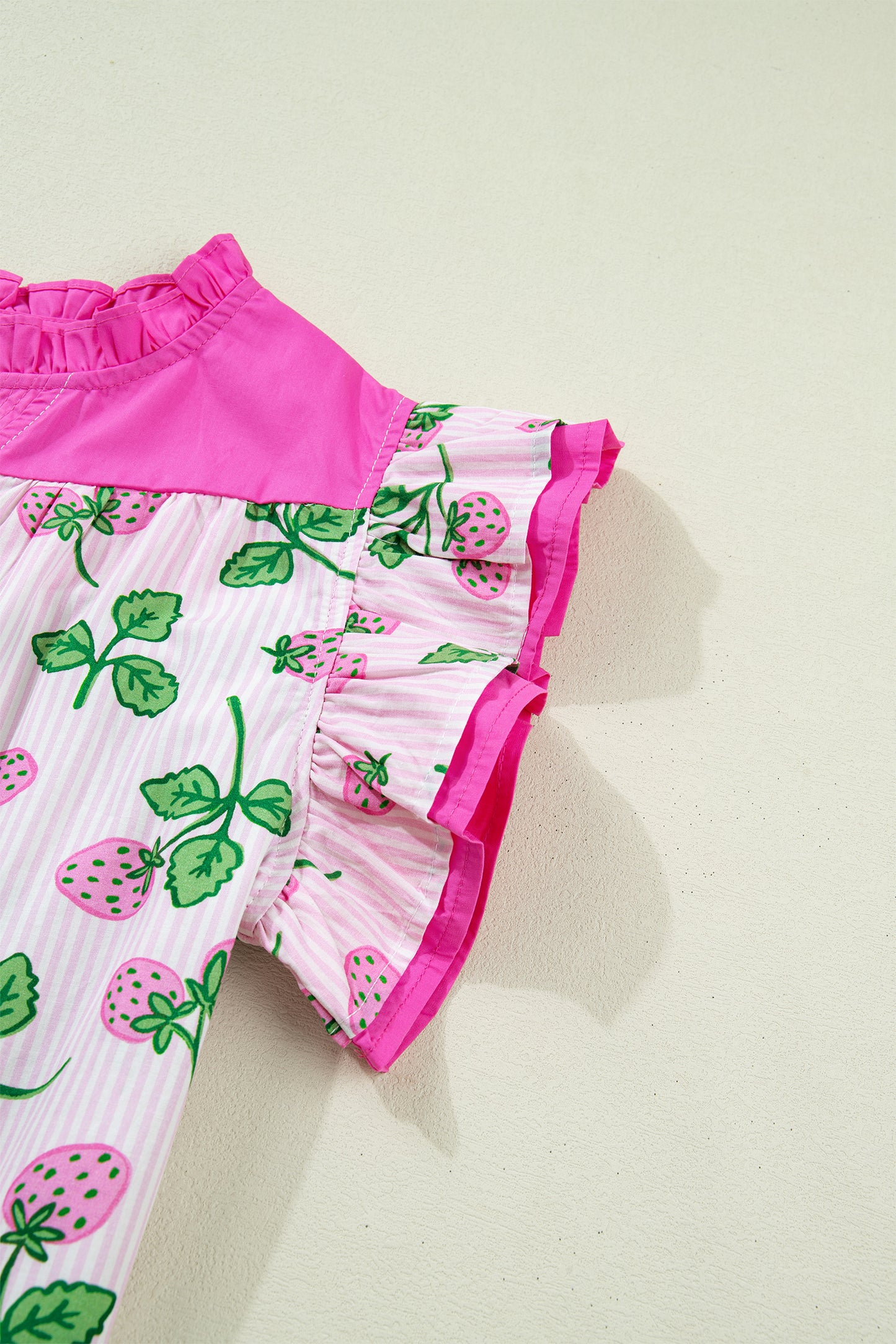 Pink Striped Strawberry Printed Color Block Patchwork V Neck Flutter Sleeve Blouse