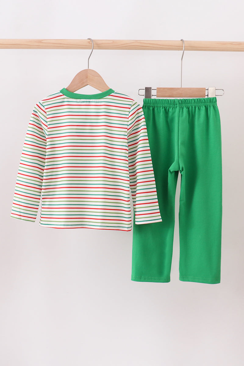Green santa claus applique pants set