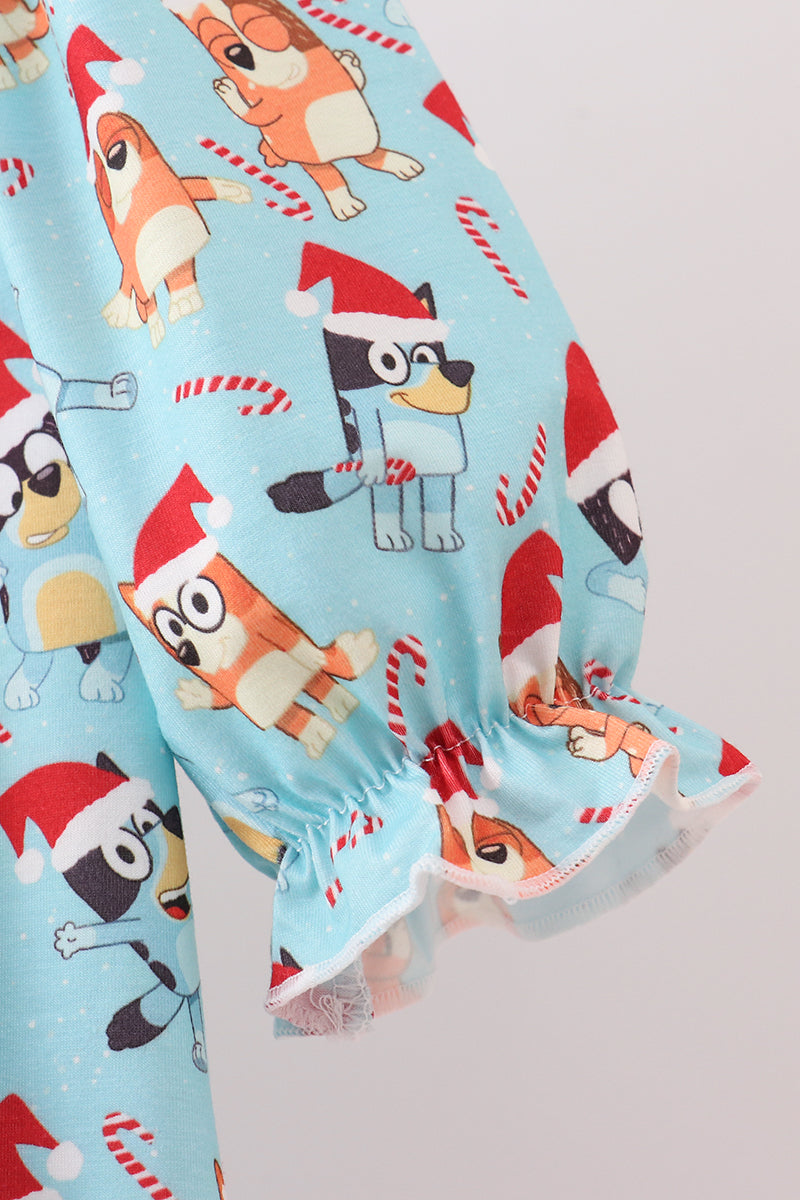 Blue christmas character print ruffle gown