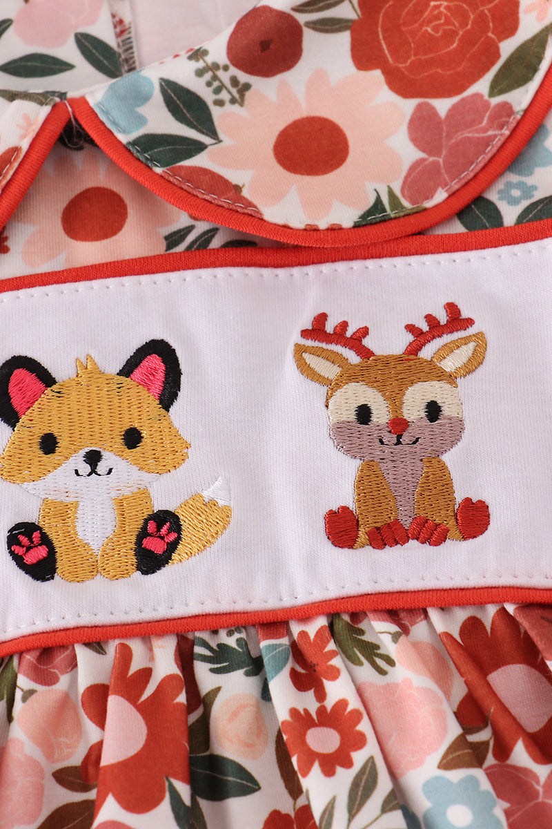 Fox embroidery floral print dress