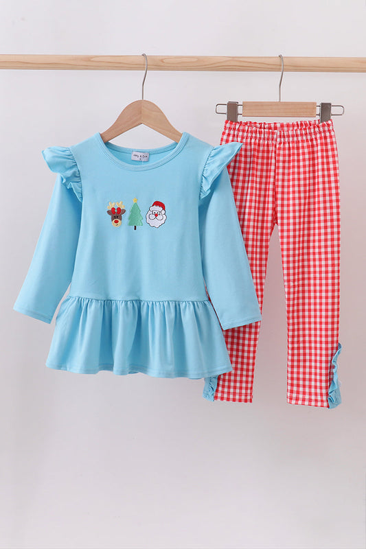 Blue deer tree santa embroidery ruffle pants set