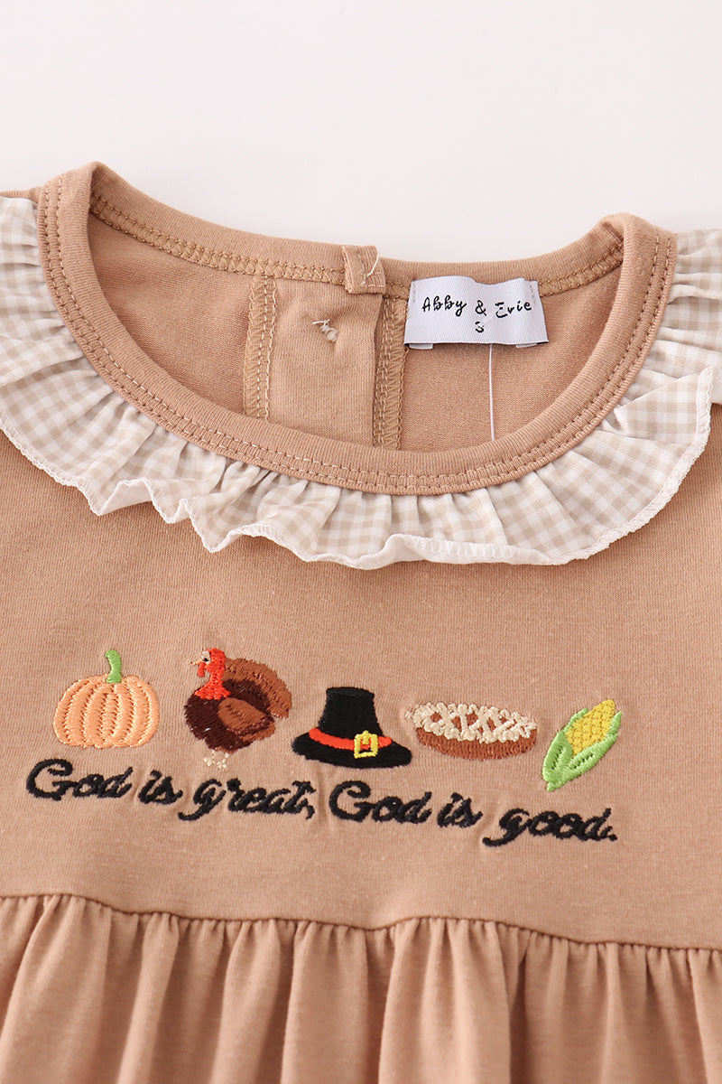 Khaki thanksgiving turkey god is great embroidery girl set