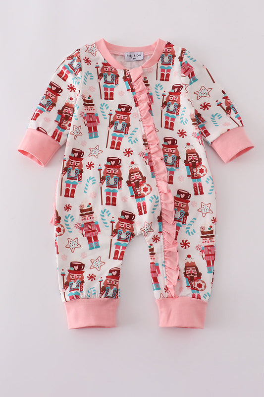 Pink christmas nutcracker print ruffle romper