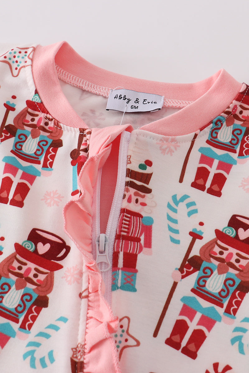 Pink christmas nutcracker print ruffle romper