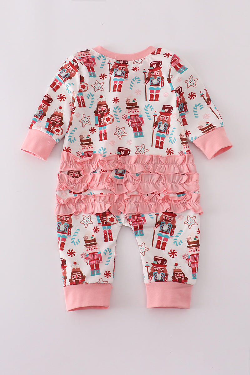 Pink christmas nutcracker print ruffle romper