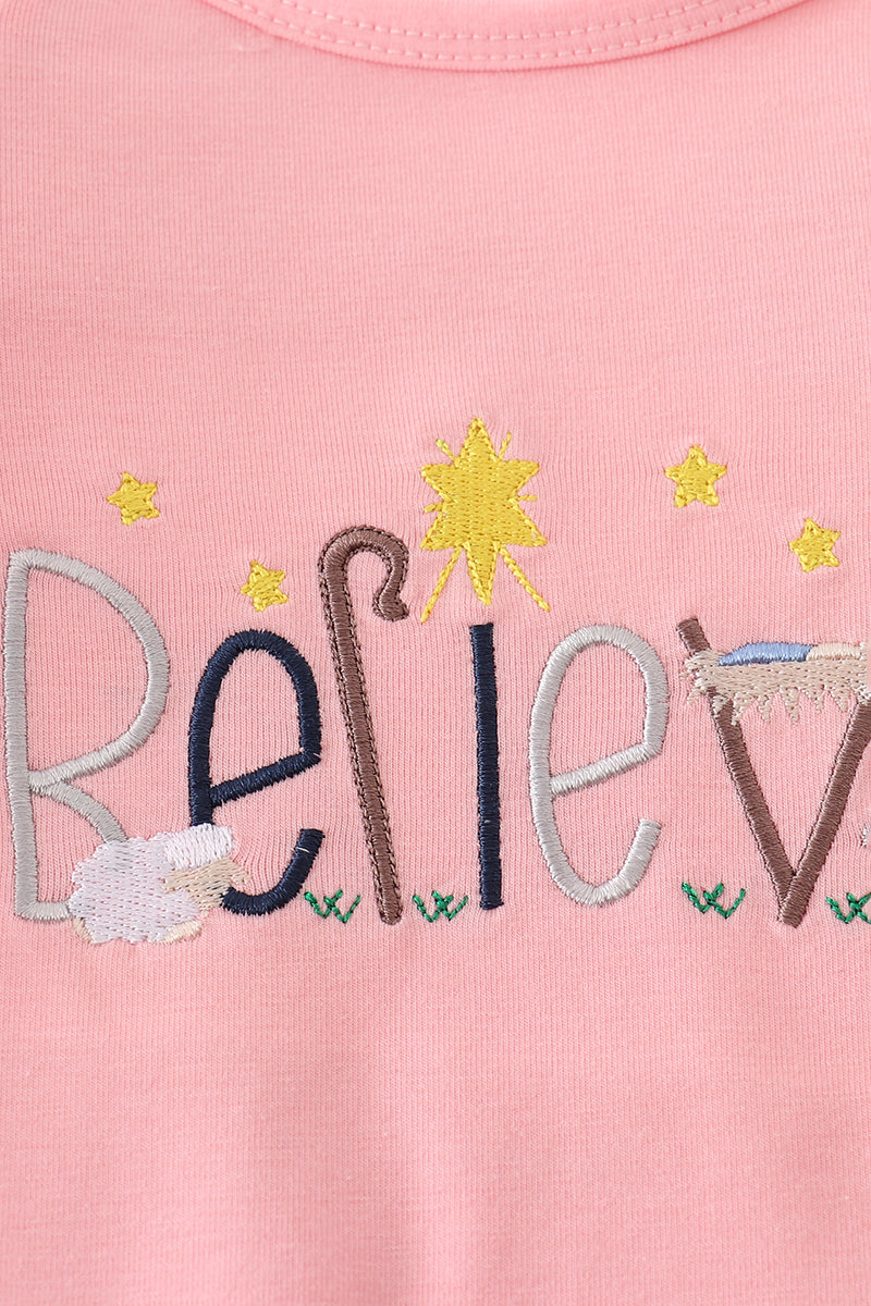 Pink believe embroidery ruffle top