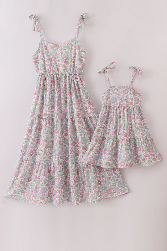 Mint pink floral print mom&me tiered dress