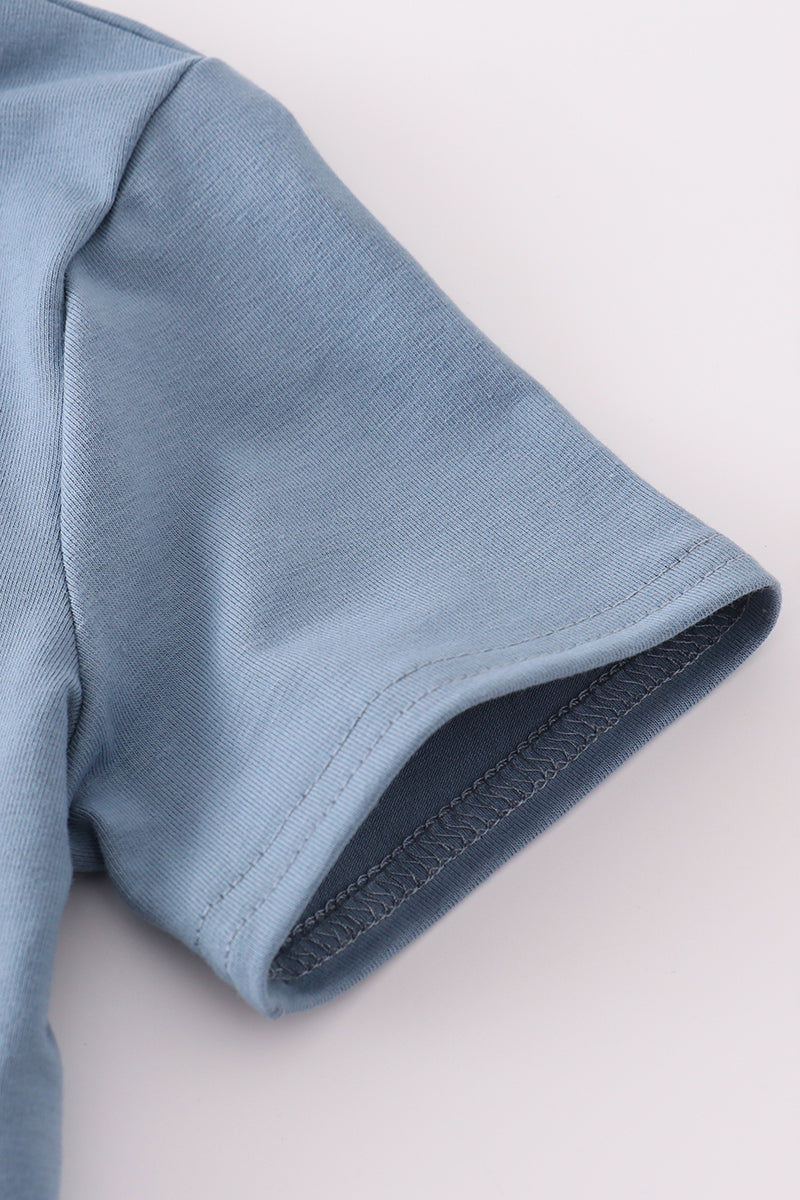 Blue farm horses embroidery shorts set