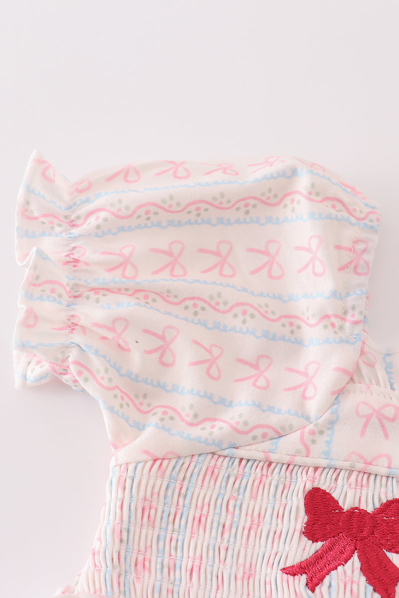 Pink bow embroidery smocked dress