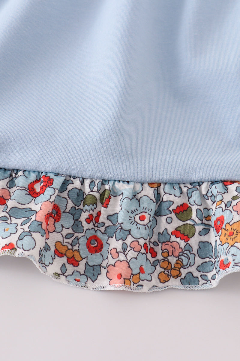 Blue apple floral applique ruffle dress