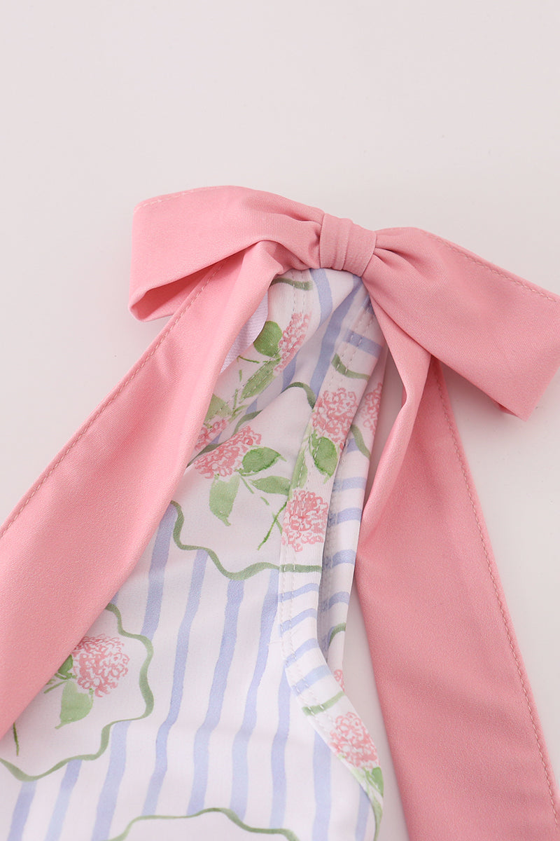 Floral stripe bow swimsuit -Adult UPF50+