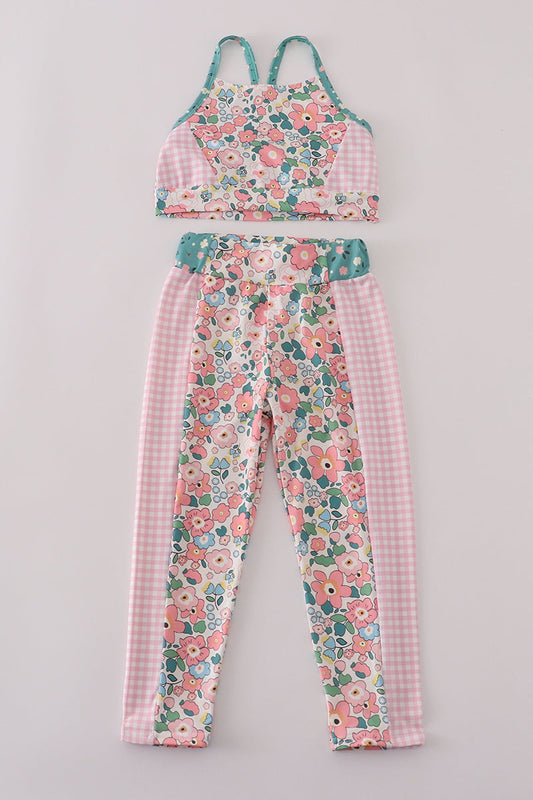 Pink floral print 2pc active tank legging set