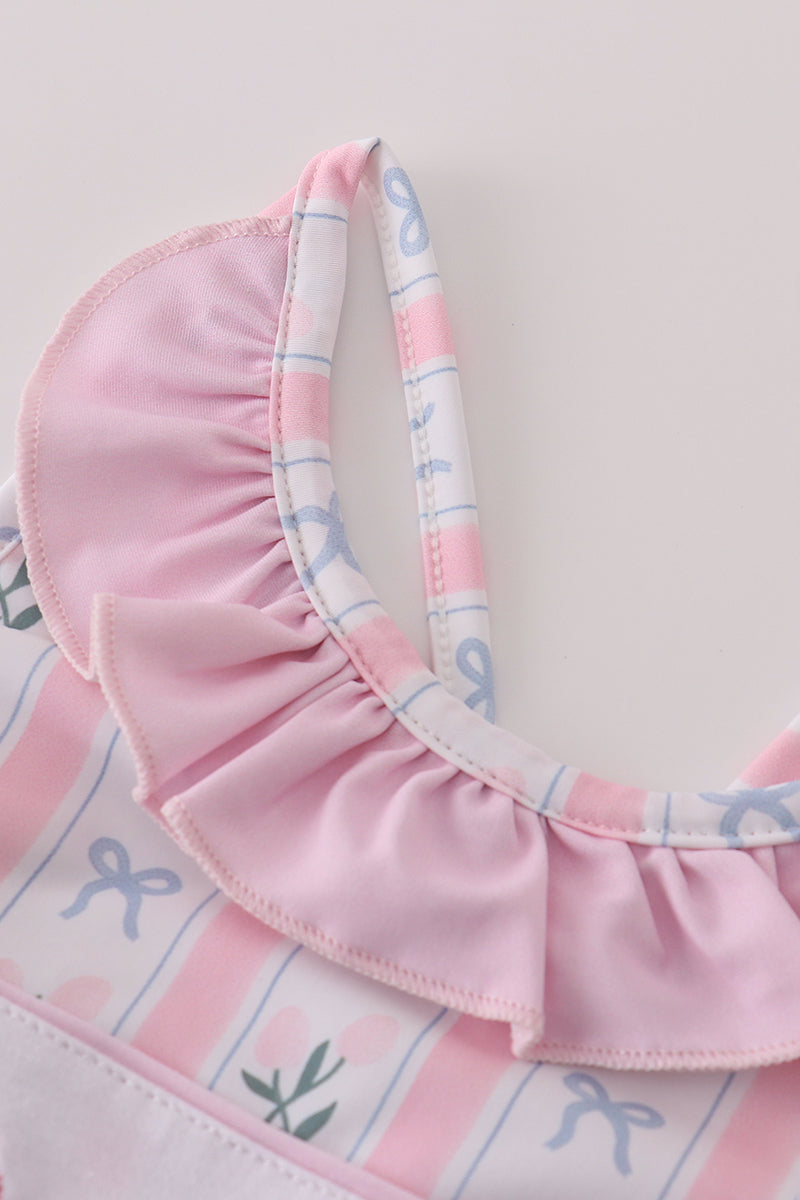 Pink bow embroidery swimsuit set UPF50+