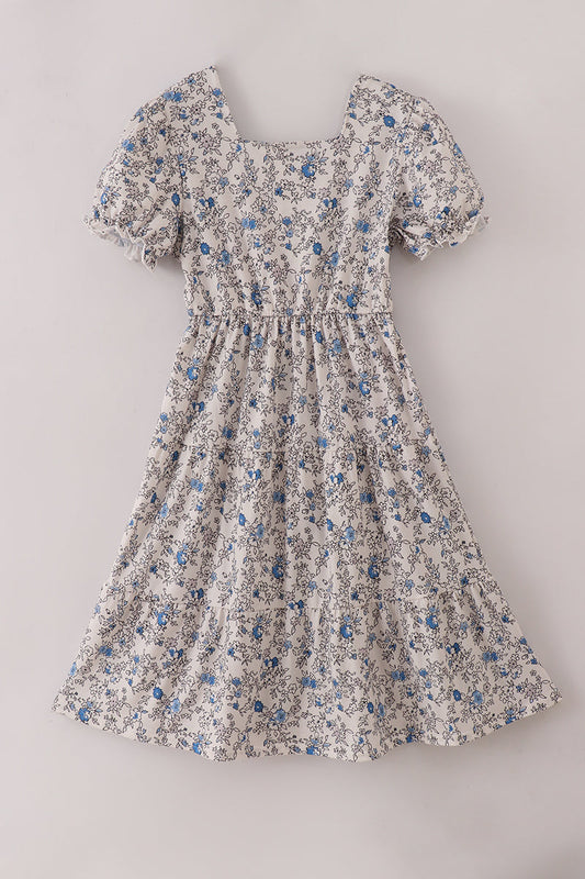 Blue vintage floral print tiered mom dress