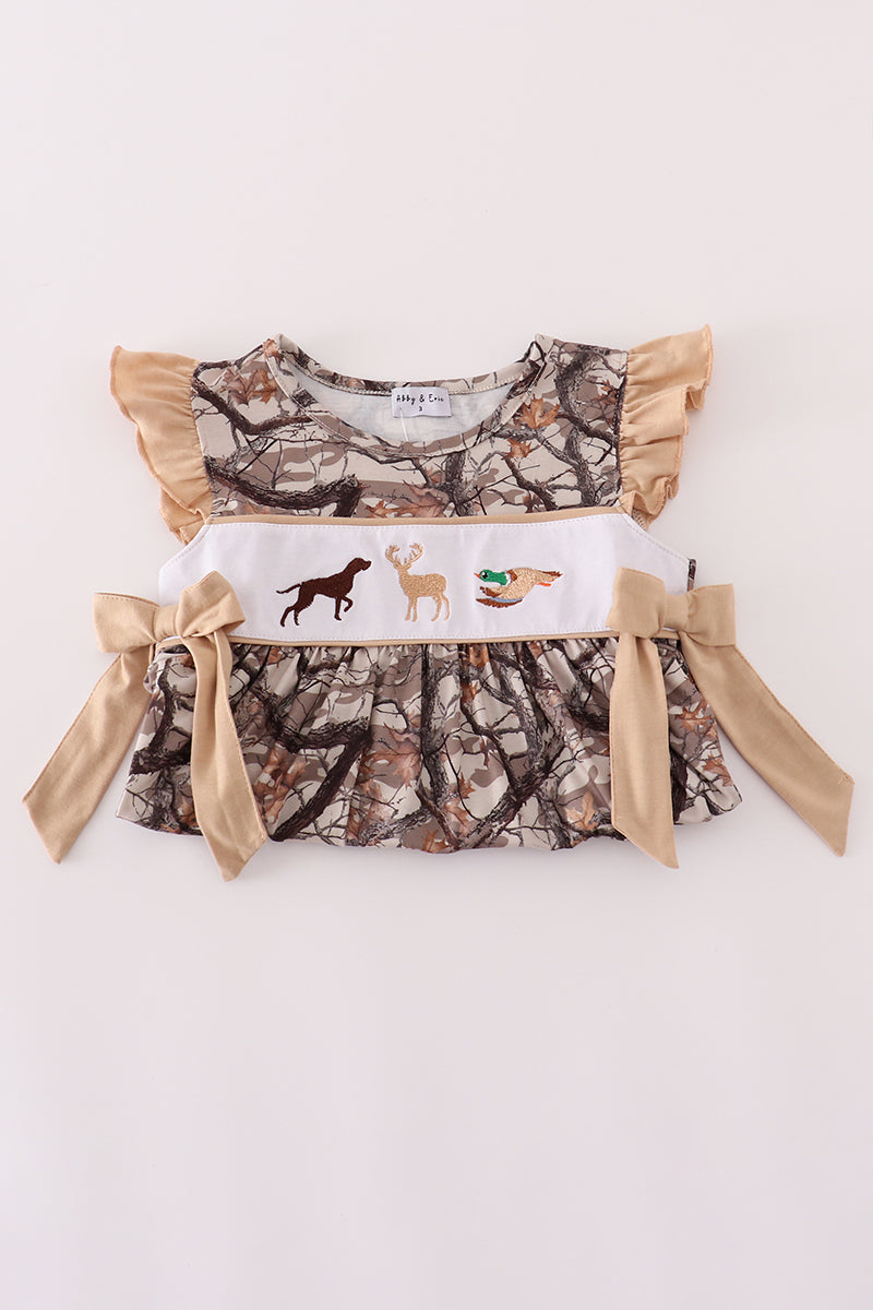 Hunting dog deer duck embroidery ruffle pants set