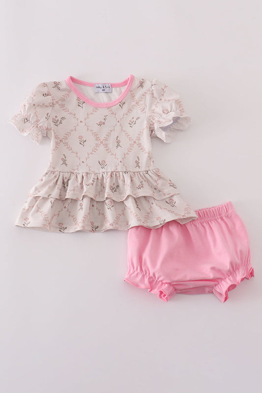 Pink floral print ruffle bloomer set
