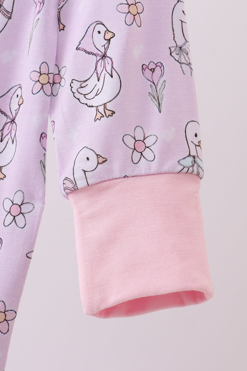 Pink floral bow duck bamboo ruffle zipper romper