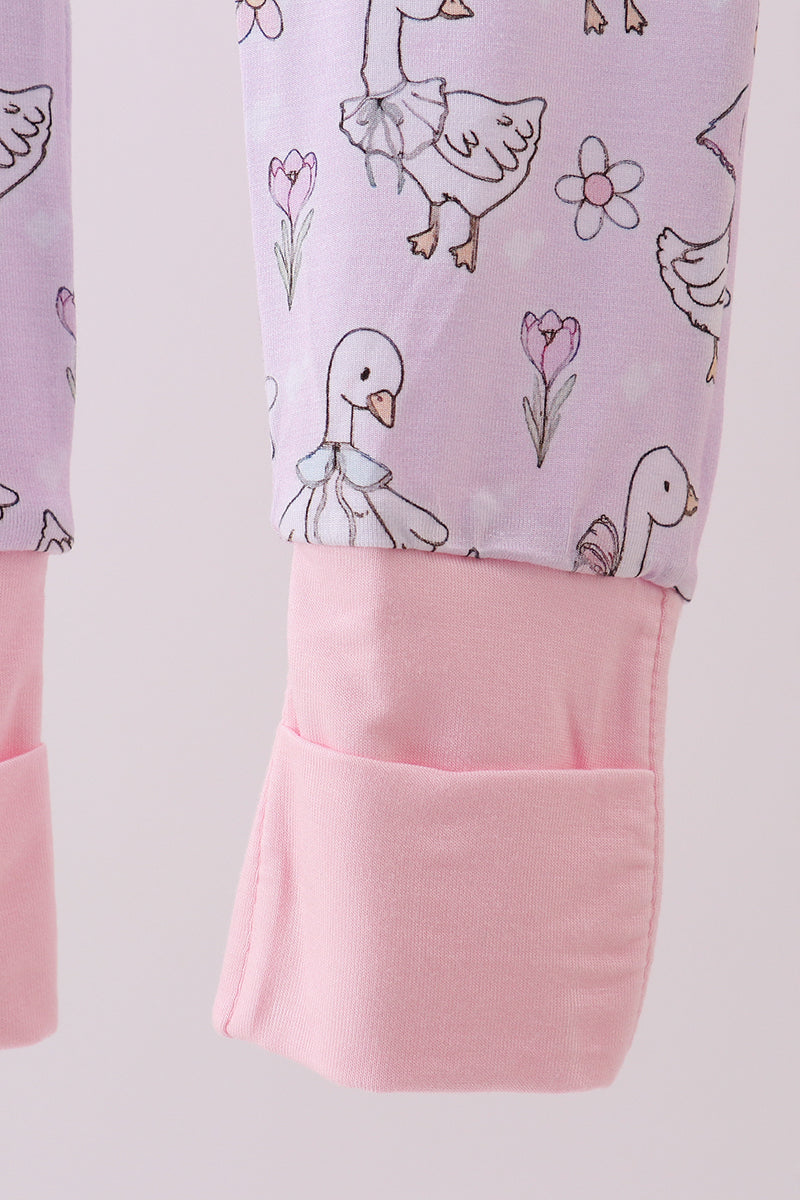 Pink floral bow duck bamboo ruffle zipper romper