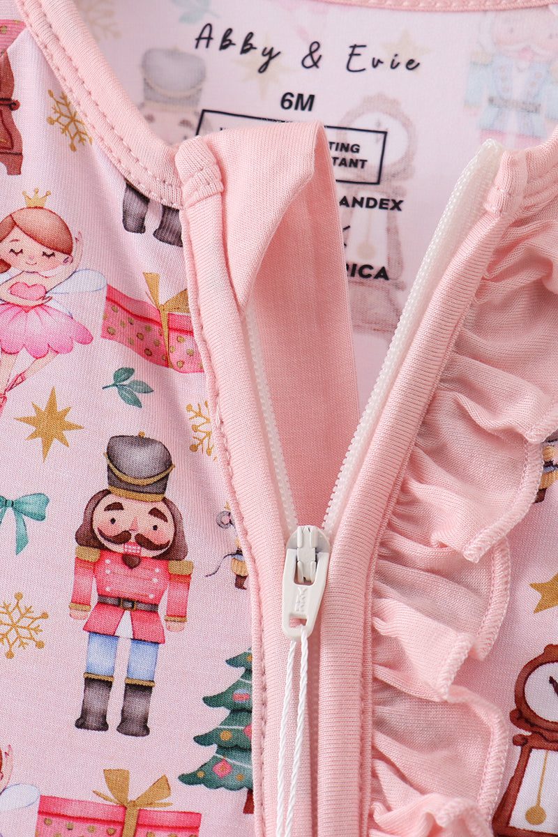 Nutcracker print bamboo ruffle zipper romper