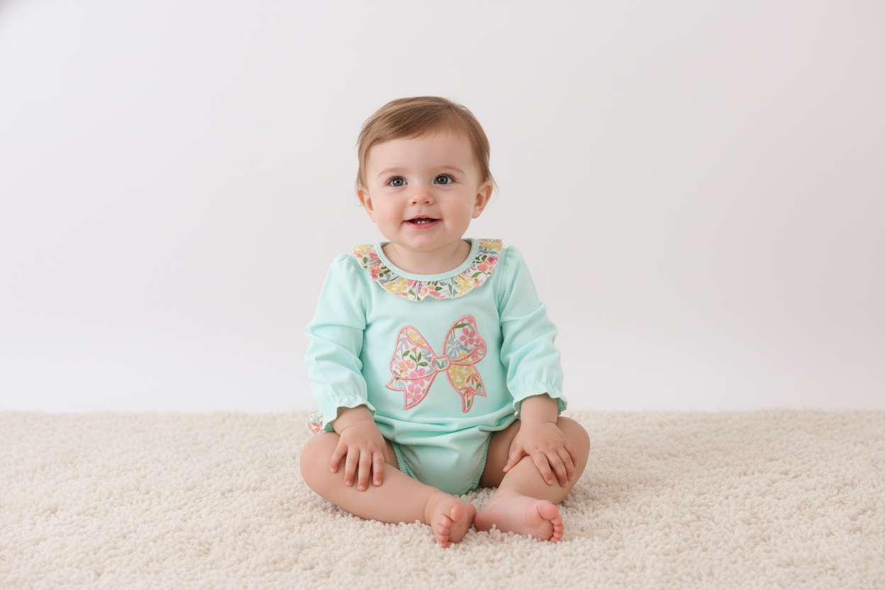 Blue bow floral applique ruffle bubble