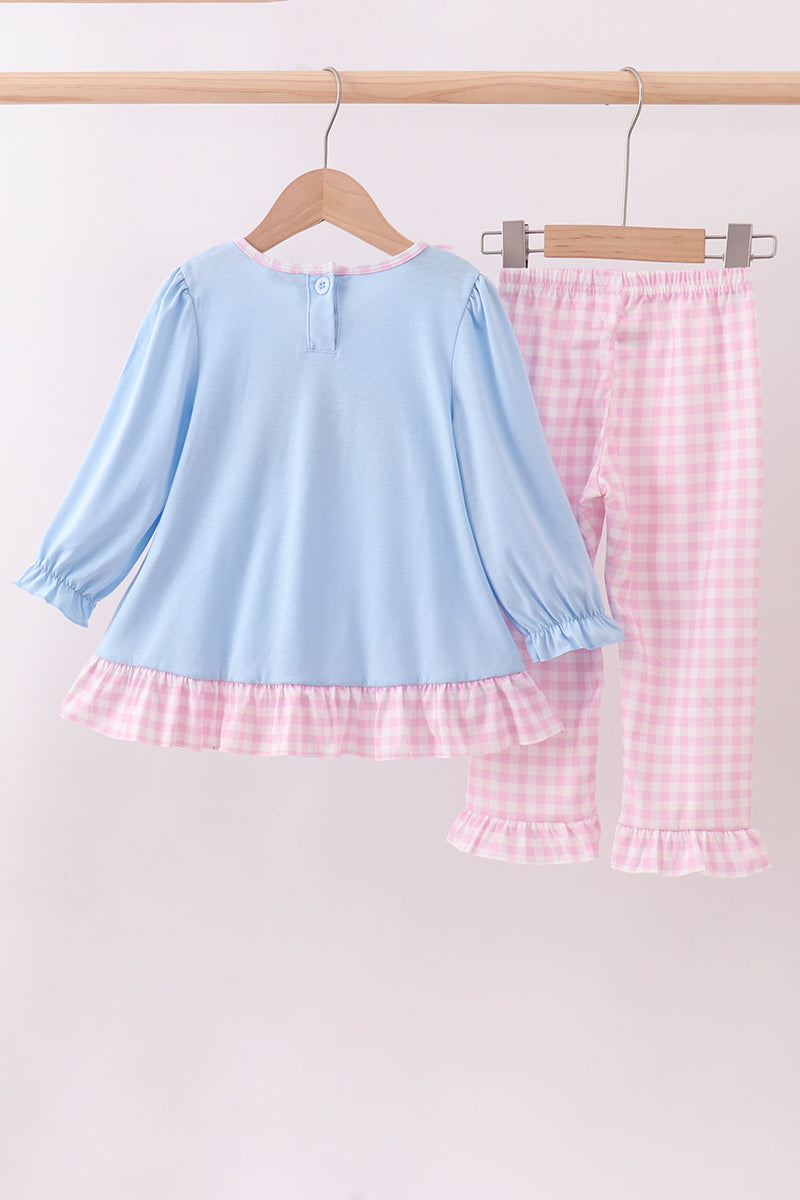 Blue puppy embroidery ruffle pants set