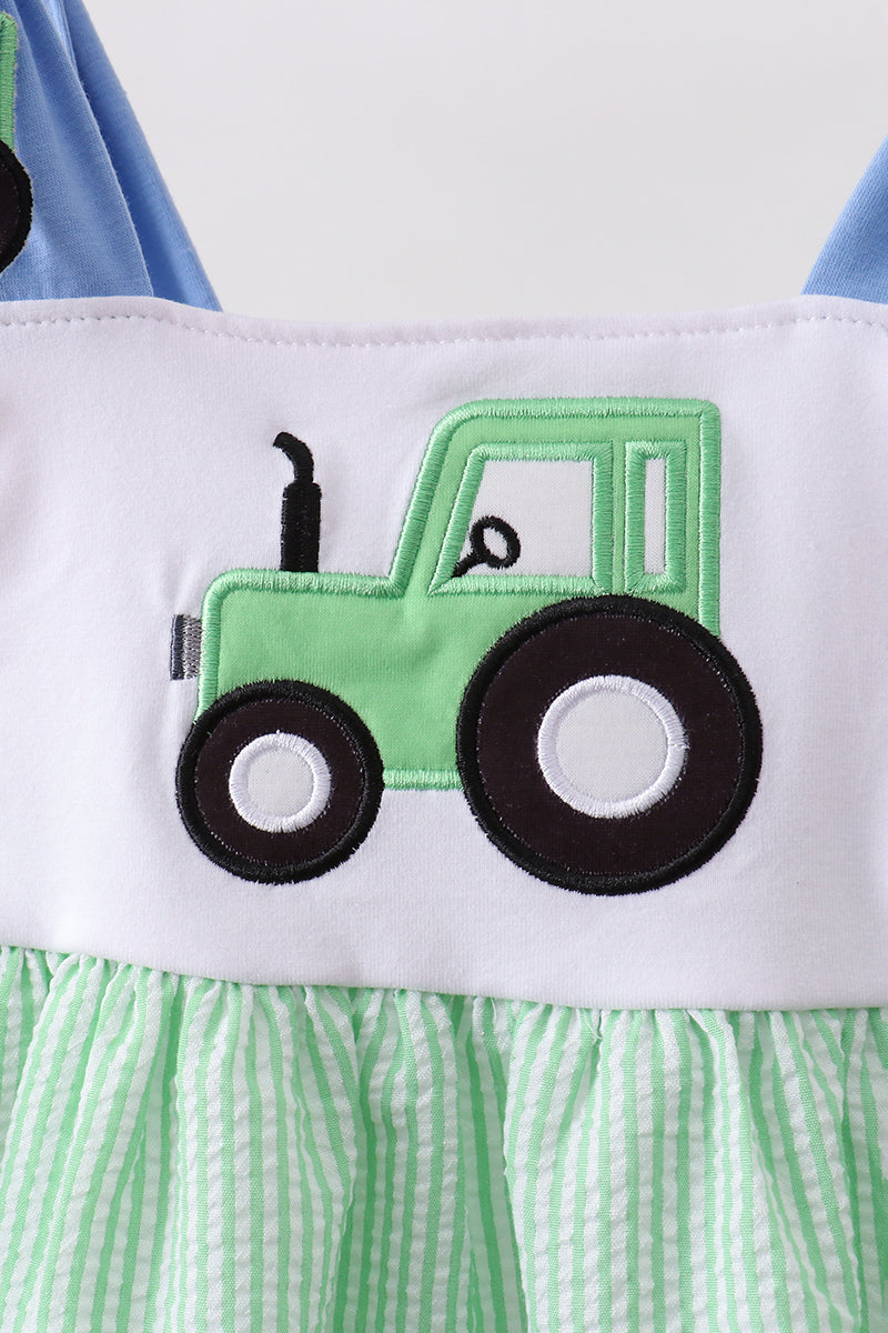 Blue Tractor Applique Seersucker Dress