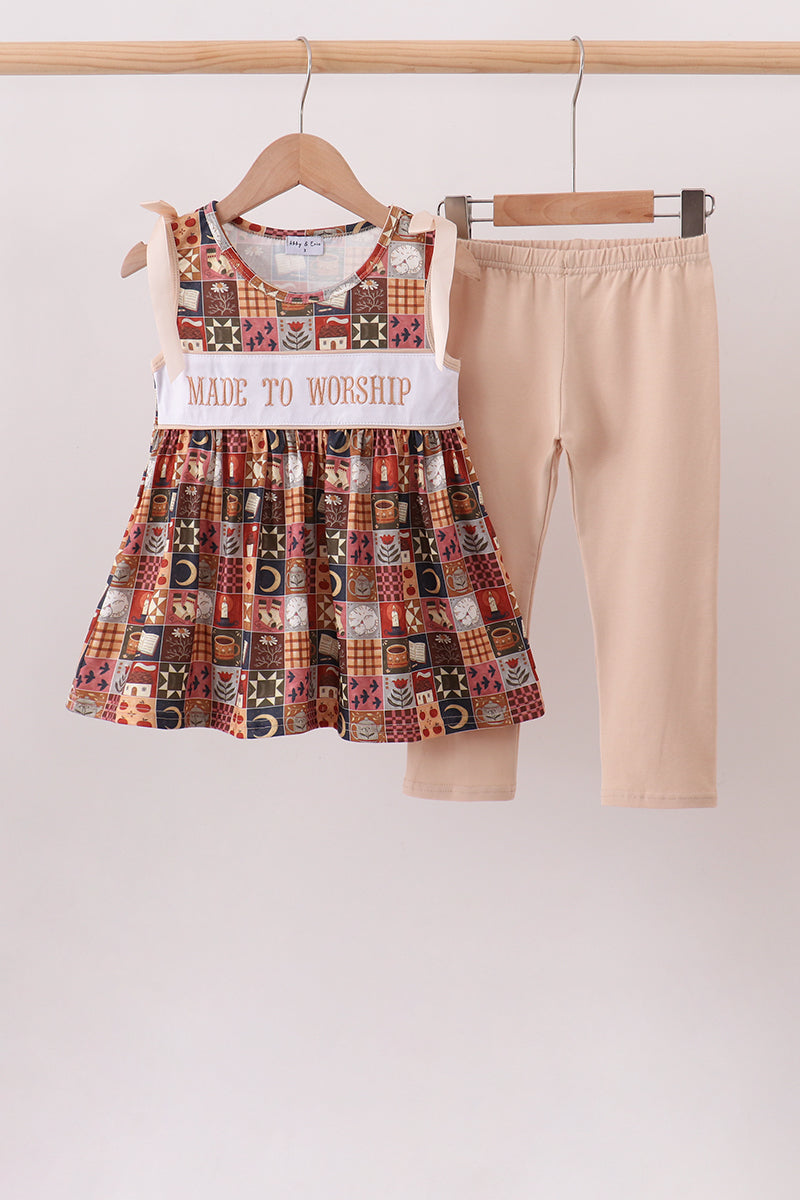 Brown Made to Worship Embroidery Pants Set
