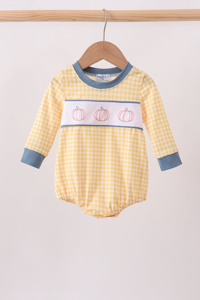 Mustard Pumpkin Embroidery Gingham Bubble