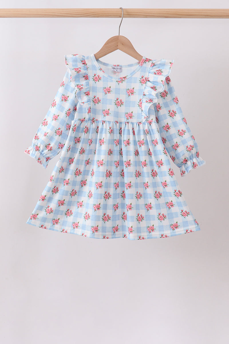 Blue Floral Ruffle Dress