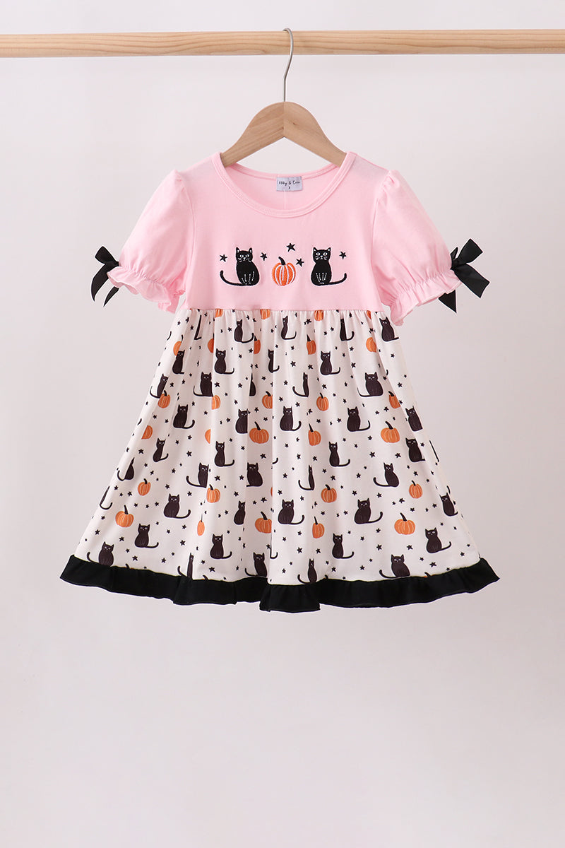 Pink Pumpkin Cat Embroidery Dress
