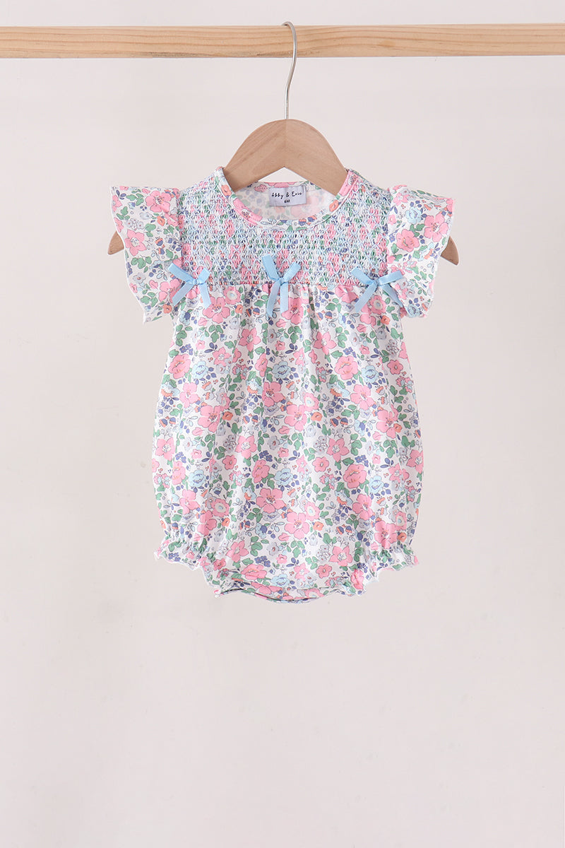 Blue Floral Smocked Ruffle Bubble