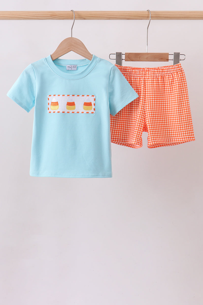 Blue Candy Smocked Gingham Shorts Set