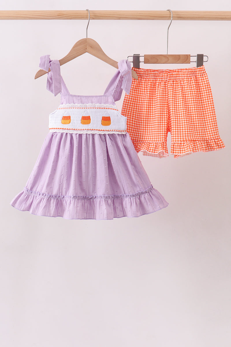 Purple Candy Smocked Ruffle Shorts Set