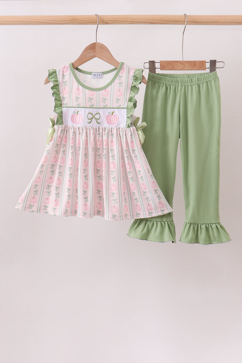 Sage Pumpkin Bow Embroidery Ruffle Pants Set