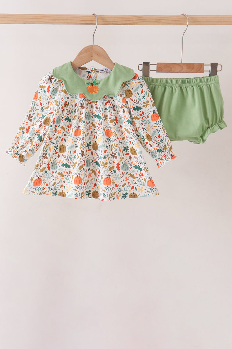 Fall pumpkin embroidery leaves bloomer set