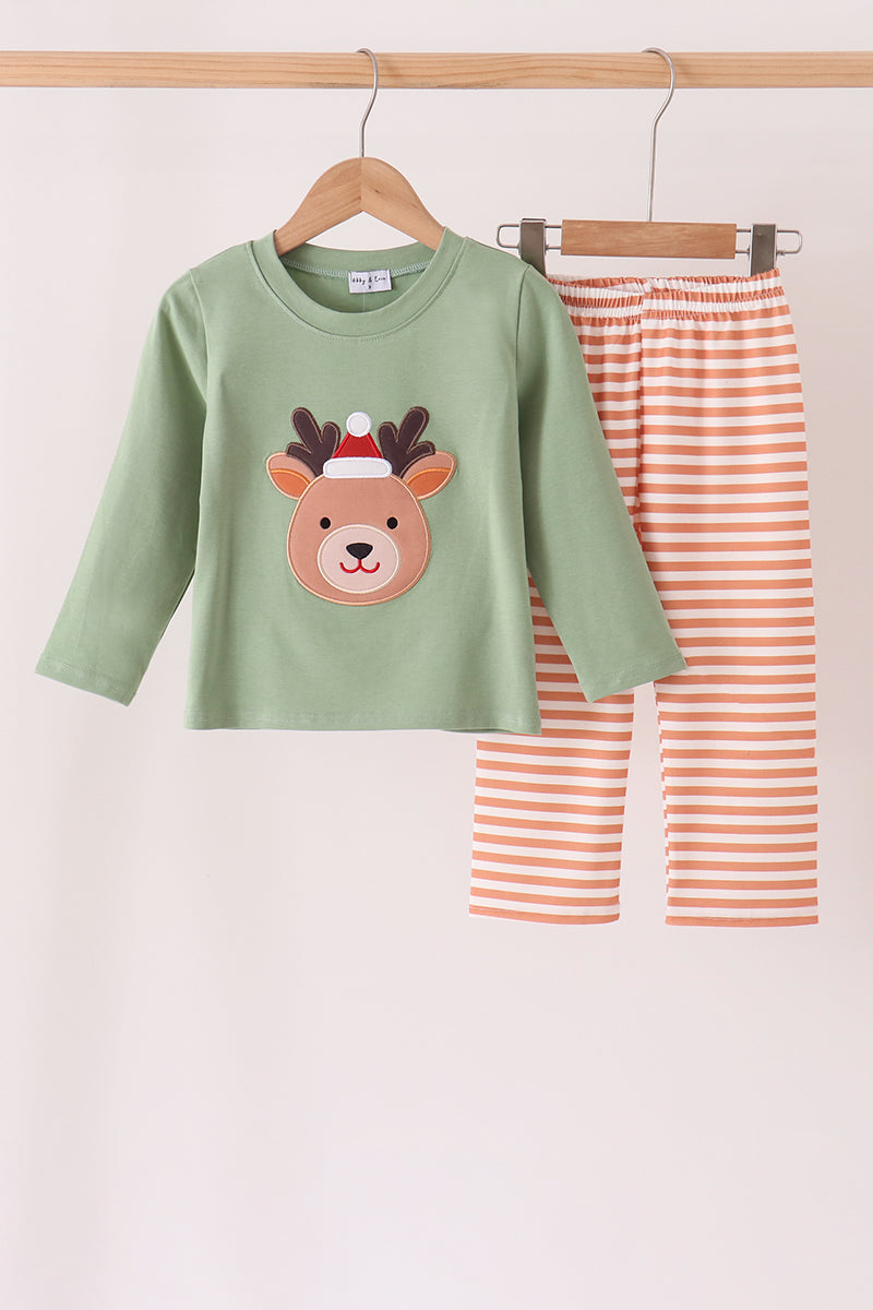 Sage Reindeer Applique Stripe Pants Set