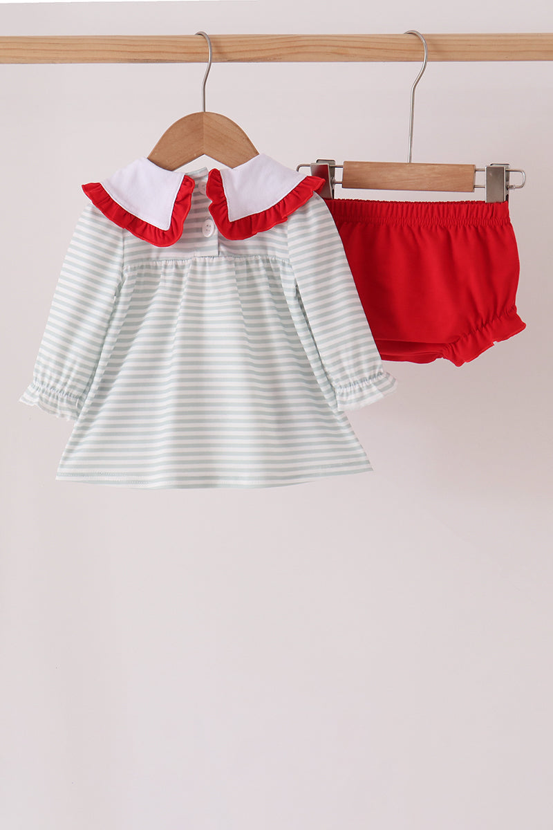 Sage santa applique stripe bloomer set