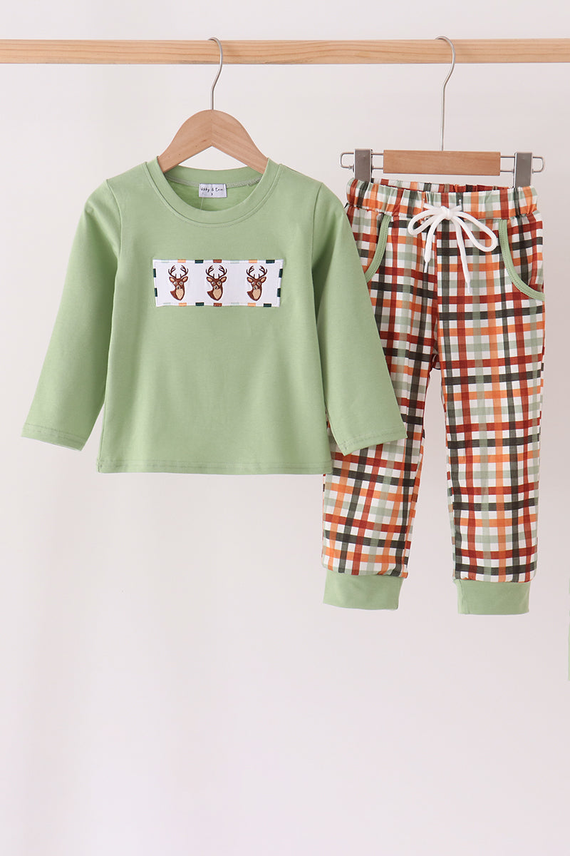 Sage deer embroidery plaid pants set