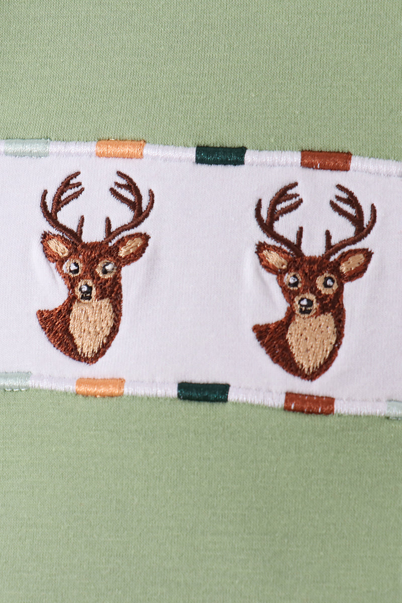 Sage deer embroidery plaid pants set