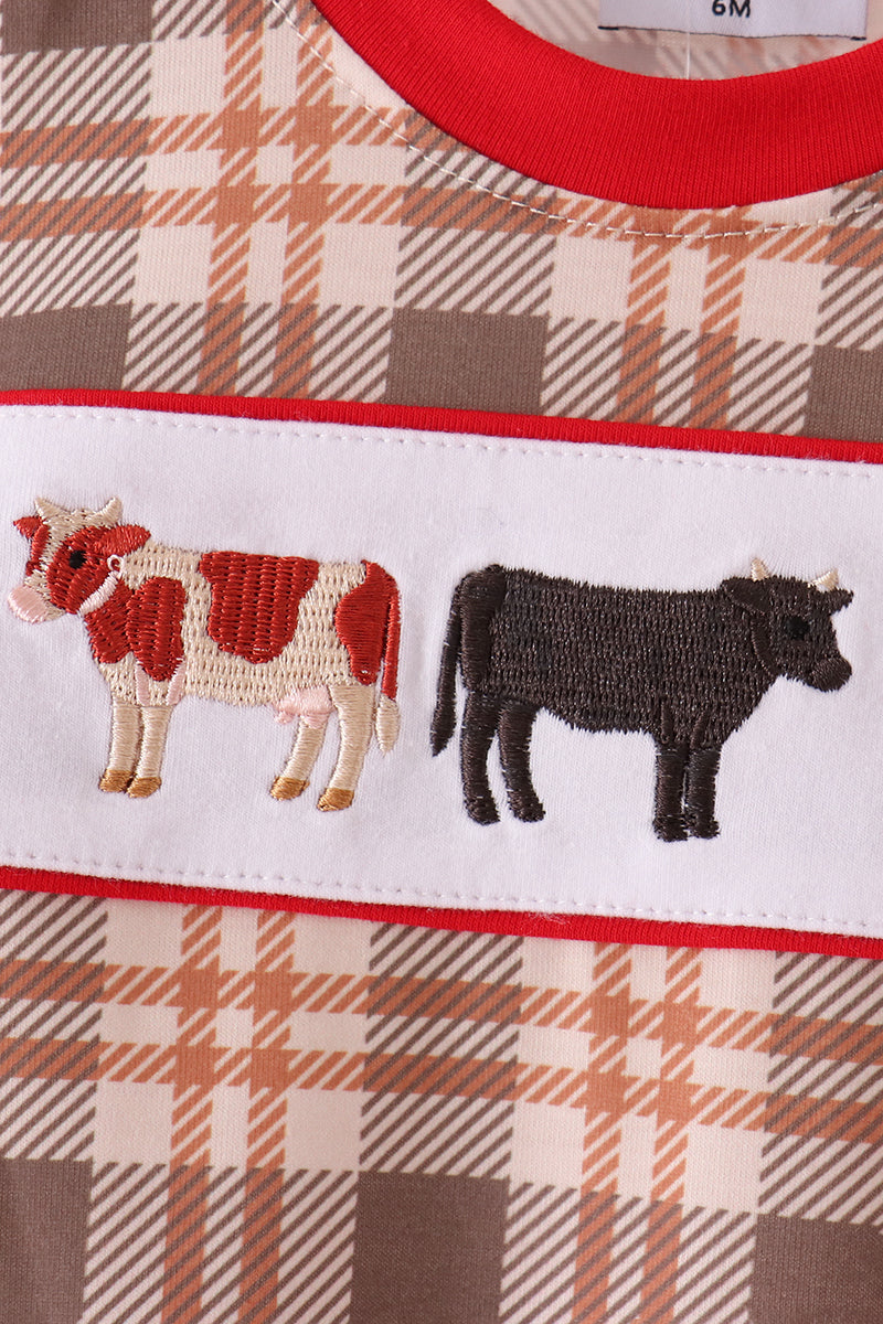 Brown Cow Embroidery Plaid Romper