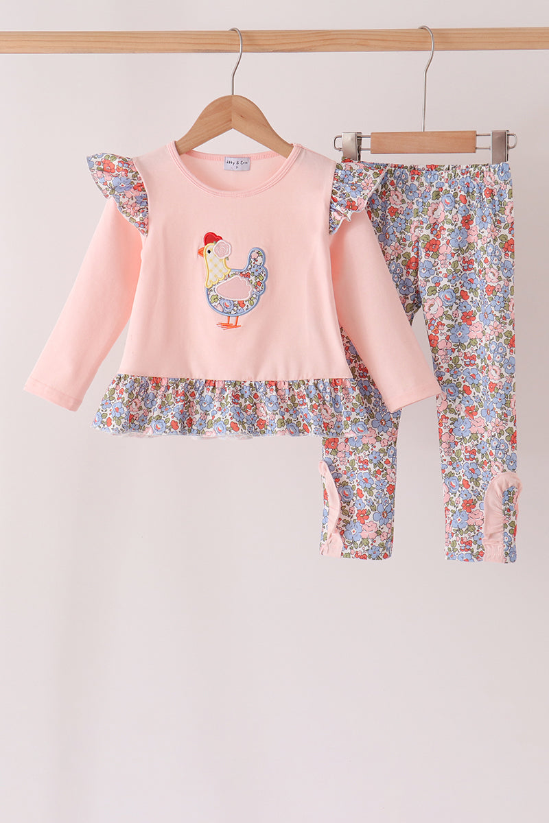 Pink Chicken Applique Ruffle Pants Set