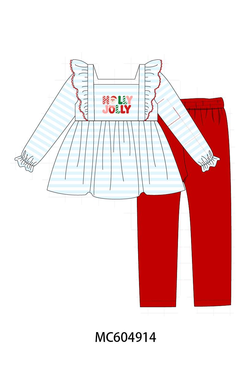Blue Stripe Holly Jolly Ruffle Pants Set