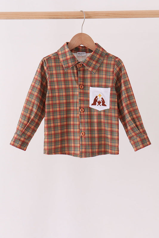Brown Nativity Embroidery Button Down Shirt